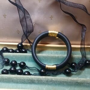 Elegant Black Beaded Necklace And Silk Wrap Bangle